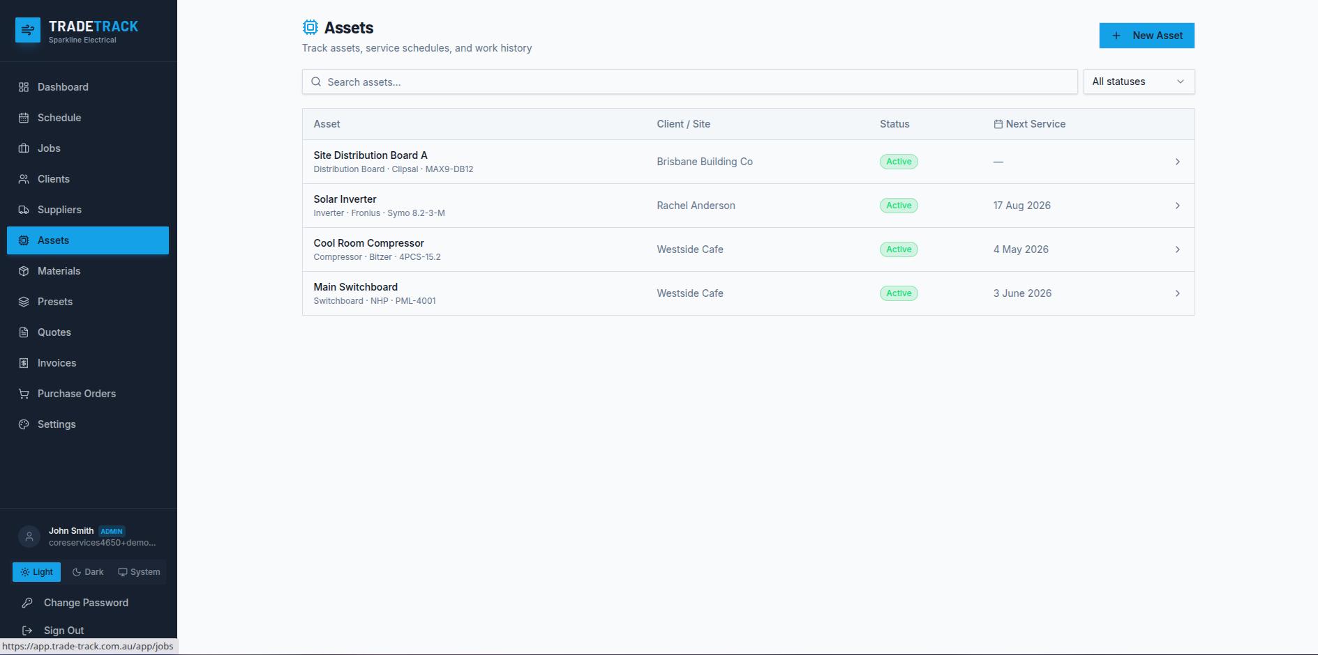 Assets list with next service dates