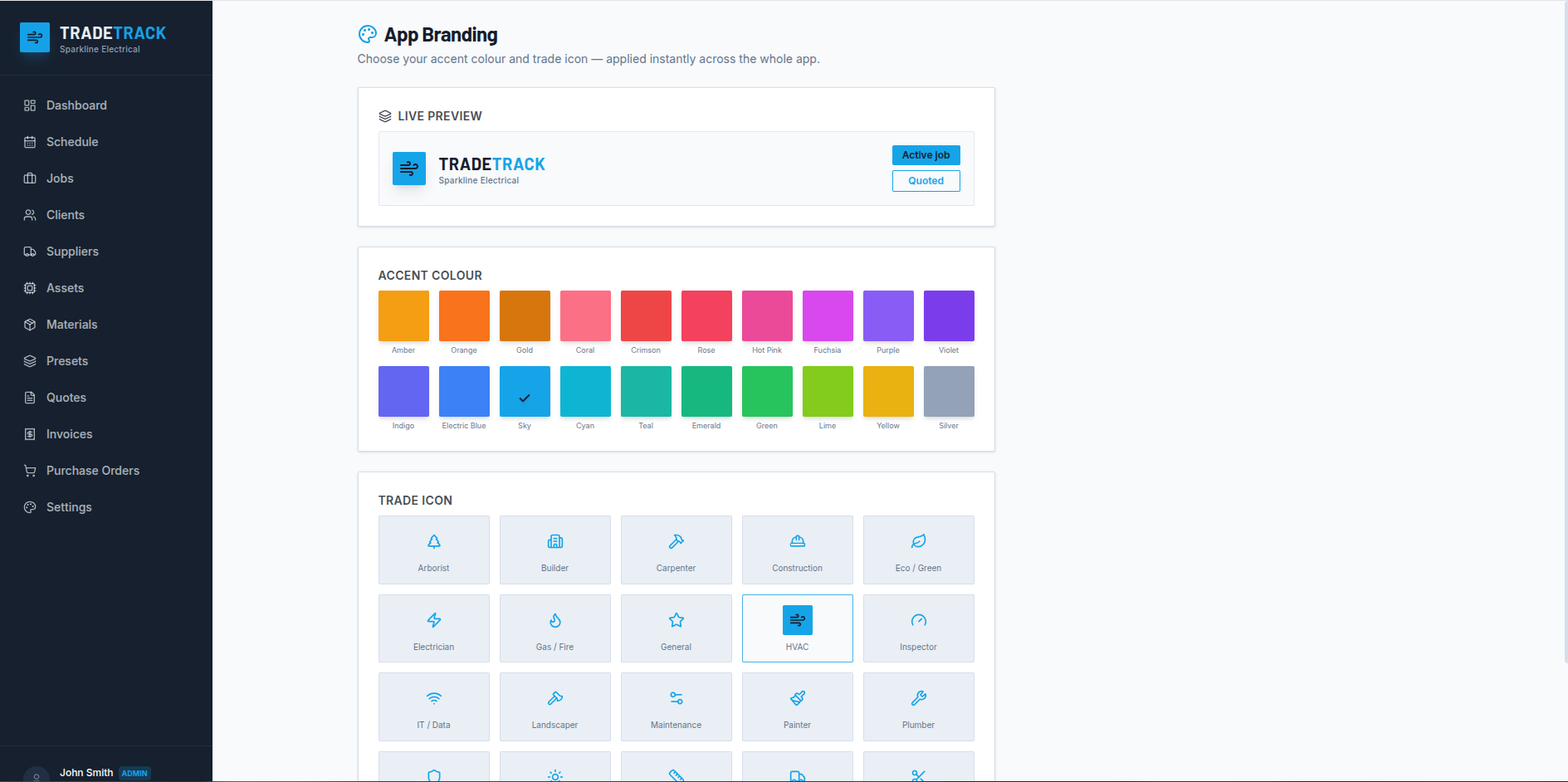 App branding settings with colour and trade icon picker