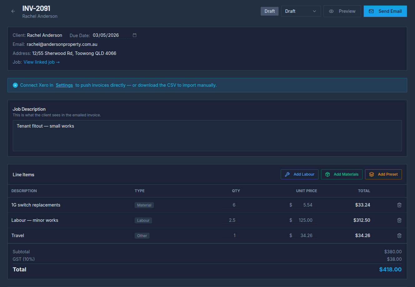 Invoice detail with line items