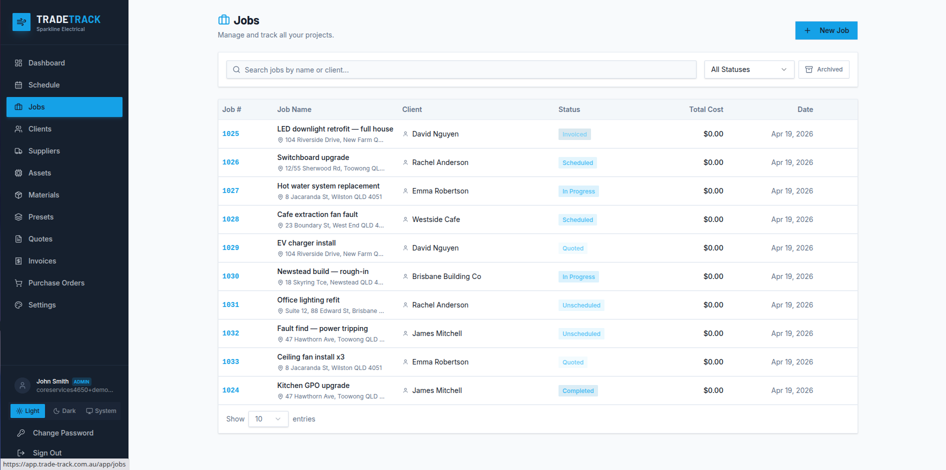 Jobs list view